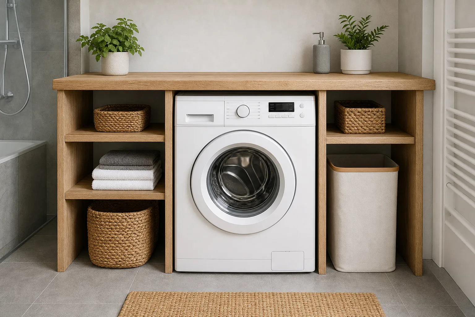 Waschmaschine mit Arbeitsplatte umrahmen: DIY fuer mehr Ablageflaeche